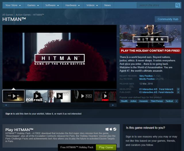 Hitman – Holiday Pack đang được tặng miễn phí trên Steam, một click nhận game AAA vĩnh viễn