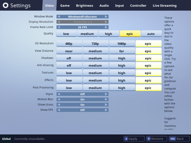  Ở góc trên cùng bên phải, các bạn có thể tìm thấy mục Settings, nơi người chơi sẽ tùy chỉnh các yếu tố trong game để phù hợp với PC khác nhau. Vì cấu hình đòi hỏi của FBR không quá cao (thua PUBG rất nhiều) nên các bạn hoàn toàn có thể cái đặt max cấu hình với những máy khỏe. 