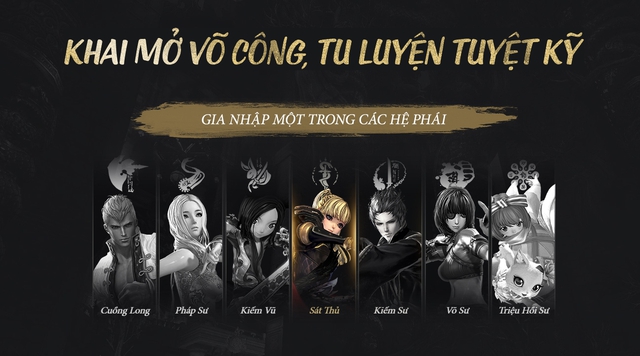 7 lớp nhân vật trong Blade and Soul: Cuồng Long, Pháp Sư, Kiếm Vũ, Sát Thủ, Kiếm Sư, Võ Sư và Triệu Hồi Sư.