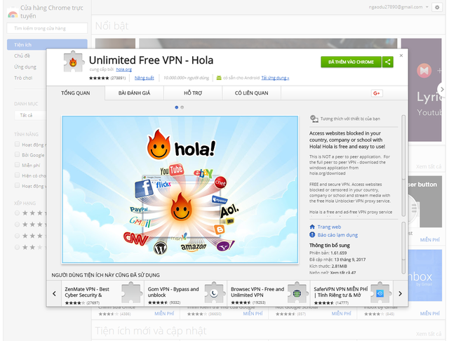  Tìm kiếm và cài đặt ứng dụng Unlimited Free VPN - Hola trên Google Store. 