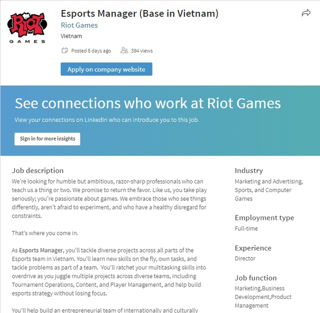  Thông báo tuyển dụng nhân sự cho vị trí Esports Manager của Riot Games tại Việt Nam 