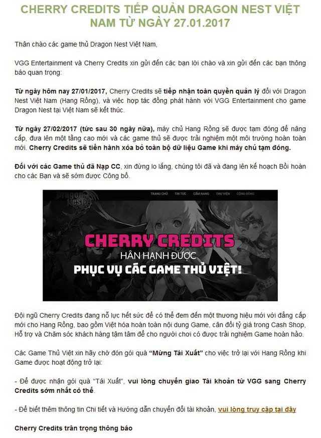 Thông báo chính thức của Dragon Nest Việt Nam.