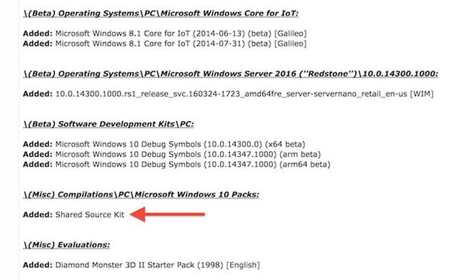 Ảnh chụp màn hình từ BetaArchive về Share Source Kit của Microsoft