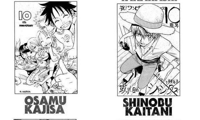  Băng Mũ Rơm qua nét vẽ của Osamu Kajisa (Tattoo Hearts) và Shanks qua nét vẽ của Shinobu Kaitani (One Outs, Liar Game). 