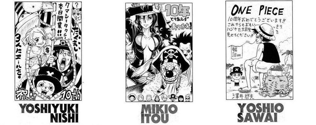  Ứ thể nào tin được đây chính là những nhân vật yêu thích trong One Piece của chúng ta. 3 tác phẩm này do Yoshiyuki Nishi (Muhyo and Rojis Bureau of Supernatural Investigation), Mikio Itou (Normandy Secret Club) và Yoshio Sawai (Bobobo-bo Bo-Bobo) vẽ ra. 