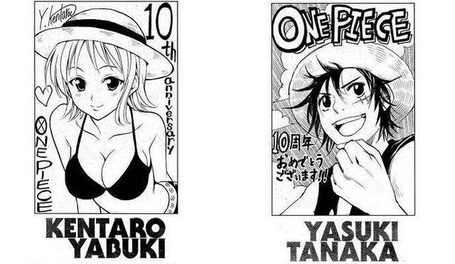 Đúng là Nami có khác, dù là được tác giả Kentaro Yabuki của Black Cat, To-Love Ru thì cô ấy vẫn cực sexy và quyến rũ. Còn bức bên cạnh chính là Luffy do Yasuki Tanaka - tác giả của Hitomi no Catoblepas thể hiện. 