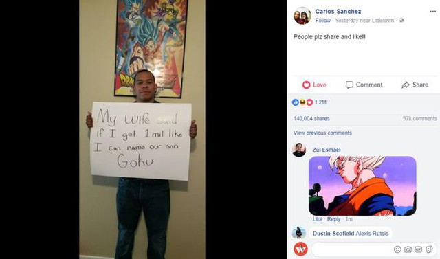 Ông bố trẻ lên mạng xã hội xin cư dân mạng 1 triệu lượt thích để được đặt tên con là Goku