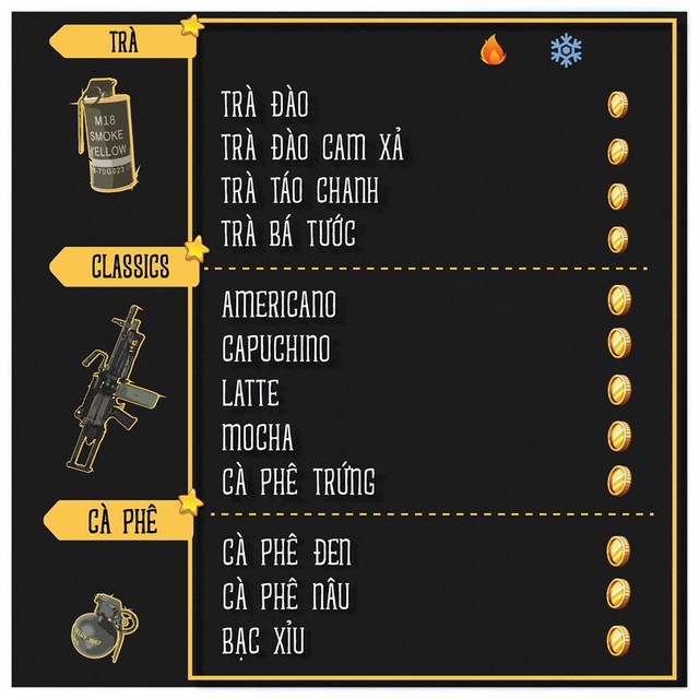 Lộ bảng đồ uống tại Cà phê Games của Viruss: Toàn súng với lựu đạn - Ảnh 1.