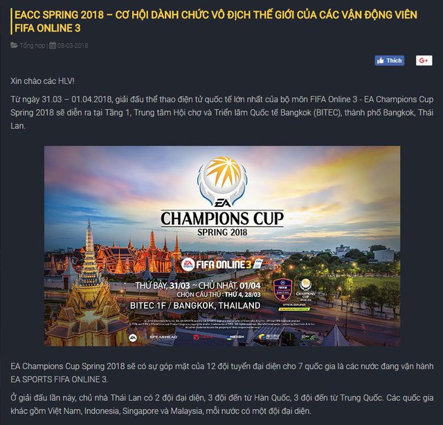  Trang chủ FIFA Online 3 Việt Nam đã đăng tin về EA Champions Cup Spring 2018. 