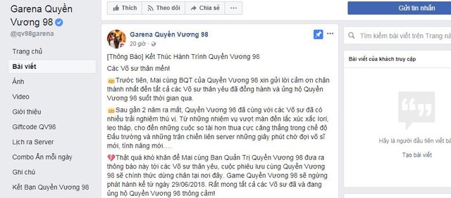 Cộng đồng Quyền Vương 98 náo loạn vì thông tin game sẽ đóng cửa sau 3 tháng nữa