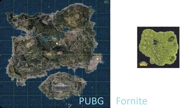 So sánh kích thước bản đồ của PUBG và Fortnite