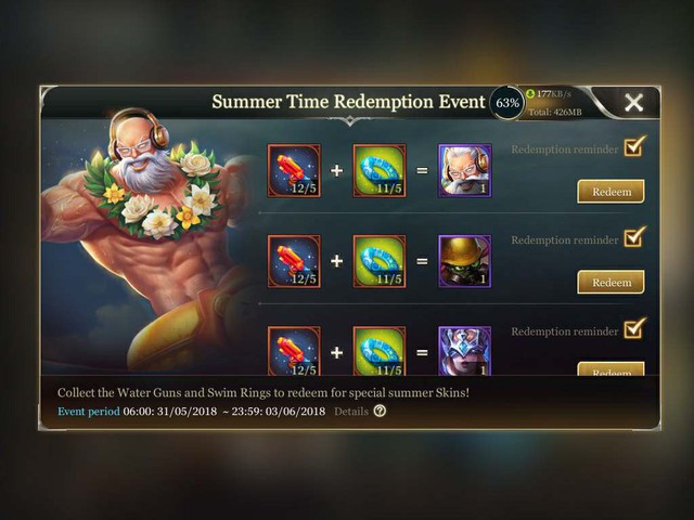  Ngoài Valhein Cỗ Máy Săn Bàn, thì game thủ chơi server SEA đã chính thức quy đổi được 2 - 3 skin free nữa trong đó có Gildur Tiệc Bãi Biển kể từ ngày 31/5/2018. 