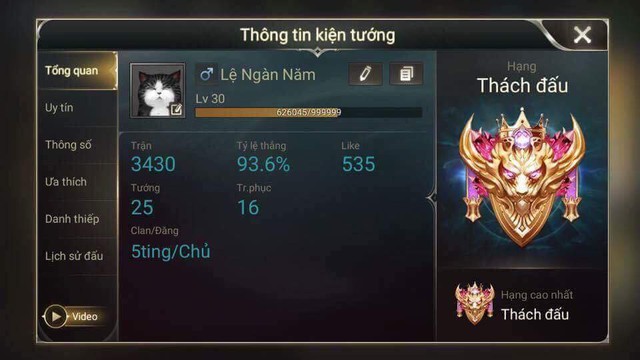  Chủ Clan có tên ingame Lệ Ngàn Năm có hạng ở rank Thách Đấu, tỷ lệ thắng siêu ảo gần 94%. 