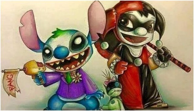  Đôi bạn Lilo và Stitch đáng yêu khi trở thành ác nhân Joker và Harley Quinn khiến chúng ta ngất ngây, không còn thấy vẻ kinh dị, ác độc ở đâu nữa thay vào đó là sự đáng yêu một cách kỳ lạ. 