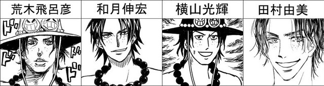  Từ trái qua phải: Araki (Cuộc phiêu lưu kỳ lạ của JoJo), Watsuki (Rurouni Kenshin), Yokoyama (Sangokushi), Tamura (Basara). 