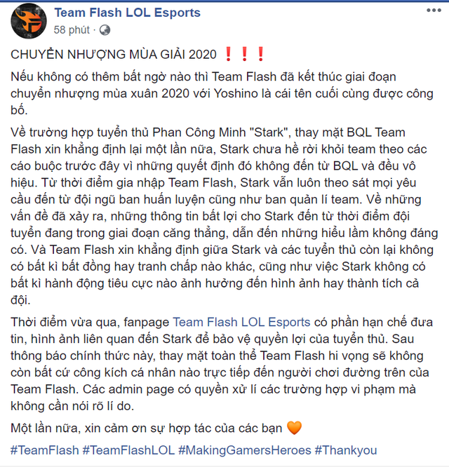 LMHT: Team Flash lên tiếng bảo vệ Stark sau cơn bão, cộng đồng mạng chỉ trích Thôi đừng bao che - Ảnh 2. LMHT: Team Flash lên tiếng bảo vệ Stark sau cơn bão, cộng đồng mạng chỉ trích Thôi đừng bao che - Ảnh 2.
