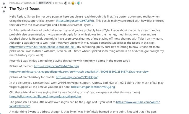 LMHT: Bị ban 14 ngày vì feed 2-8 với Veigar Hỗ trợ, Streamer Bắc Mĩ nổi đóa tố Riot Games...thiên vị Tyler1 - Ảnh 3. LMHT: Bị ban 14 ngày vì feed 2-8 với Veigar Hỗ trợ, Streamer Bắc Mĩ nổi đóa tố Riot Games...thiên vị Tyler1 - Ảnh 3.