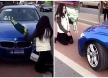 Quỳ trước BMW màu xanh của bạn trai để níu kéo, tuyên bố yêu con người chứ không yêu "tiền", cô gái xinh đẹp khiến CĐM sốc nặng