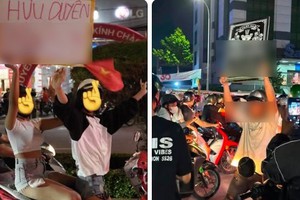 Vui thôi đừng vui quá, cô gái trẻ đi bão cầm biển với nội dung phản cảm, phấn khích đề cập chuyện 18+ gây bức xúc