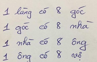 Câu đố hại não: '1 làng có 8 góc. 1 góc có 8 nhà. 1 nhà có 8 ông. 1 ông có 8 vợ. 1 vợ có 8 con. Hỏi làng có bao nhiêu người?'