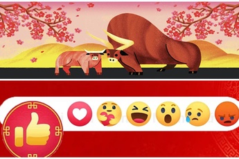 Bên cạnh nút Like đỏ, Facebook tiếp tục cập nhật thêm trâu vàng và cành đào để chào mừng Tết