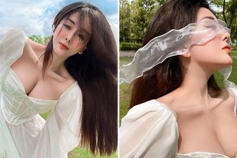 Võ Ngọc Trân lại diện váy áo trễ nải, khoe vòng 1 như muốn "trào ra"