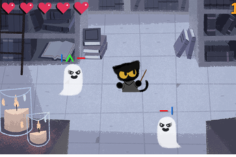 Halloween năm nay, trang chủ Google cho game thủ hóa thân thành mèo phù thủy đi bắt ma