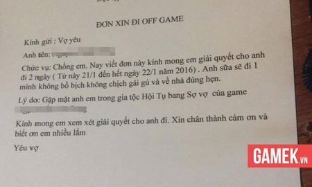 Hài hước game thủ Việt viết đơn xin vợ đi offline game